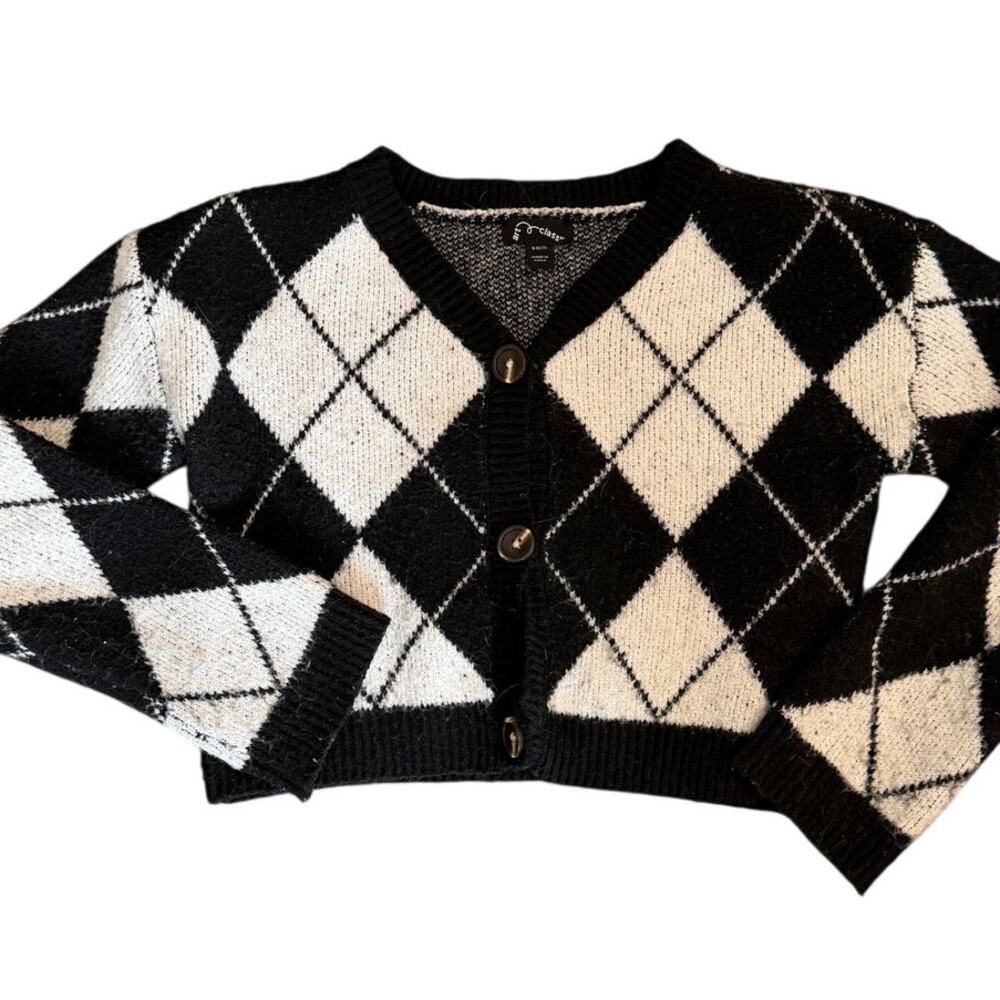 Art Class Girls' Black & White Argyle Cropped Cardigan